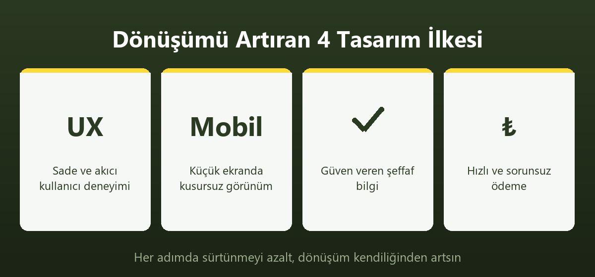 E-ticarette dönüşümü artıran dört tasarım ilkesi: kullanıcı deneyimi, mobil uyum, güven ve hızlı ödeme — Aksaray Dijital