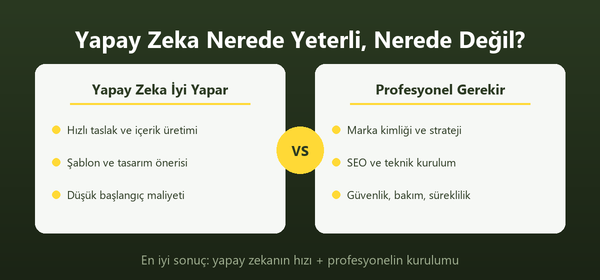 Yapay zekanın iyi yaptığı işler ile profesyonel dokunuş gerektiren işlerin karşılaştırması — Aksaray Dijital